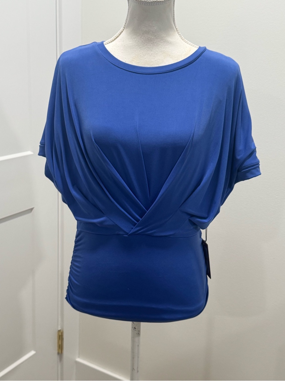 Vince Camuto Royal Blue Draped Faux-Wrap Short Sleeve Top